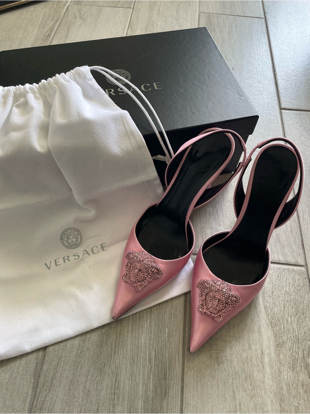 Authentic Versace Crystal Medusa Pink Satin Slingback Heels Size 36